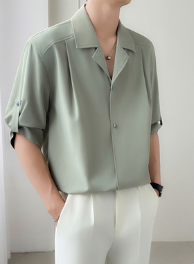 模特图~夏季爆款绿松石扣设计翻领冰丝中袖衬衫 Q1080/P55