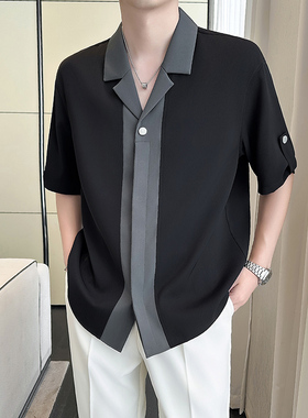 模特图~2026夏季新品拼色暗扣冰丝古巴领中袖衬衫 Q1004/P58