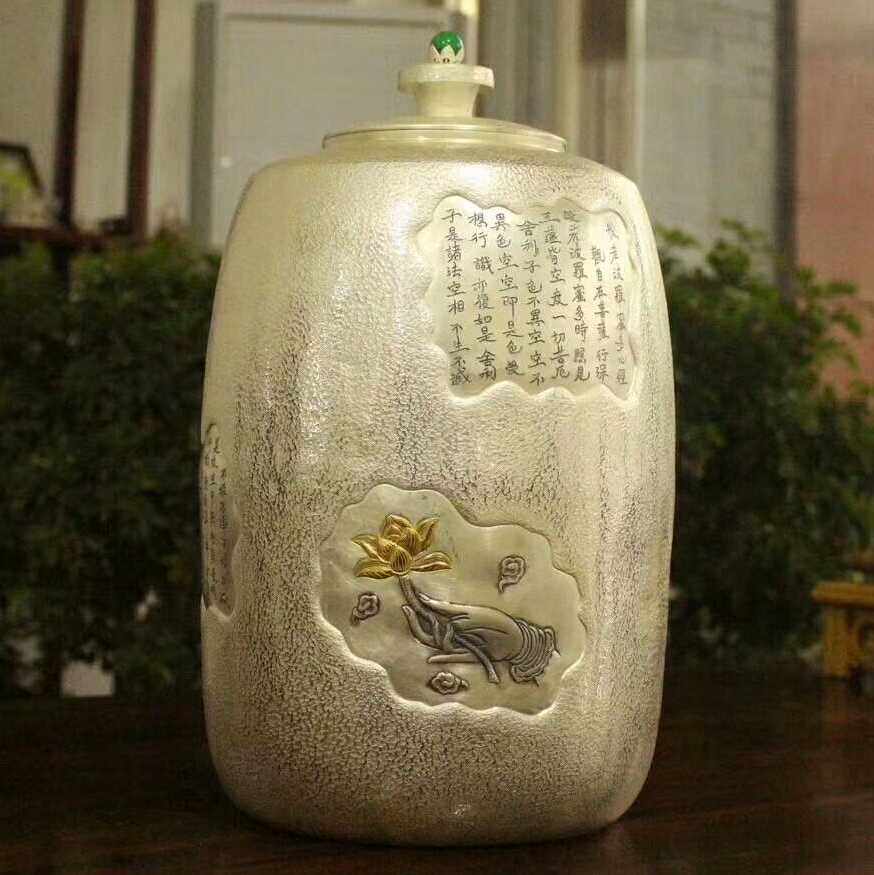 银缸足银999纯银茶缸手工大水缸储水罐水桶心经镀金米缸家用摆件