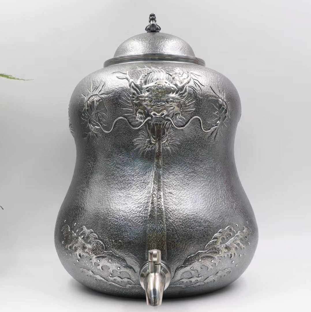 银缸纯银水缸足银999飞龙茶缸纯手工酒缸储水罐龙啸天酒桶摆件礼