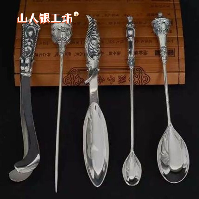 纯银茶道六君子足银999手工茶具零配五件套茶匙茶针茶夹茶铲礼品