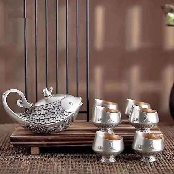 纯银茶具套装足银999立体鱼金钱鱼泡茶壶银壶银杯子茶杯礼盒包装
