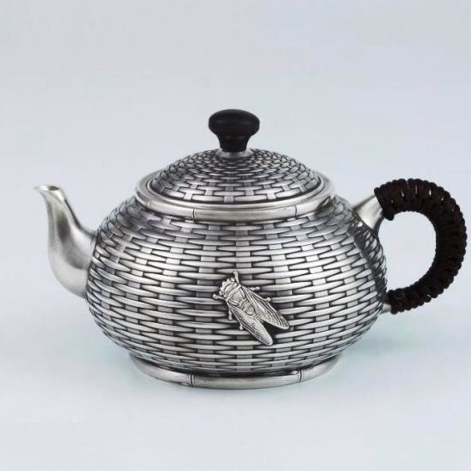 小茶壶银壶足银999纯银泡茶壶知足常乐知了侧把复古银茶壶茶具5