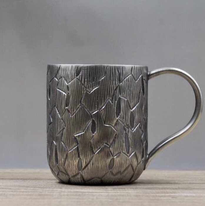 纯银茶杯口杯足银999树皮纹纯手工大茶缸酒杯银杯子水杯长辈礼品
