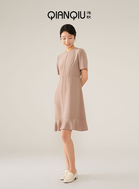 浅秋气质连衣裙女士春夏新款圆领收腰显瘦小众不撞款简约3B11615