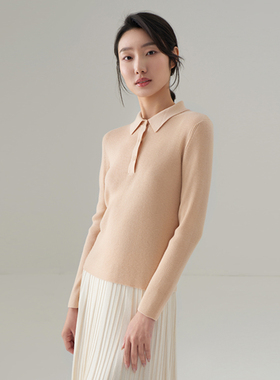 浅秋复古Polo领竖条纹肌理套头羊毛针织衫上衣秋季新款2A30516