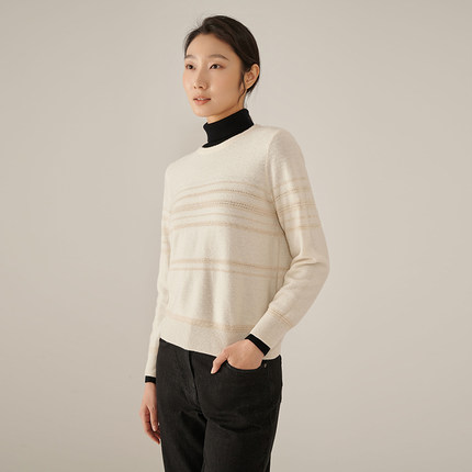 浅秋女装春季新品绵羊毛精致圆领撞色条纹提花套头毛衣1A30508