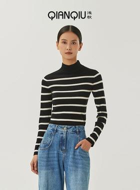 浅秋羊毛针织打底衫2024冬季新款气质条纹高领内搭上衣女11T40576