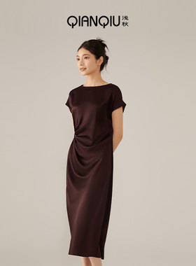 浅秋浅秋醋纤复古气质宽松短袖连衣裙女2024夏新款4A21607