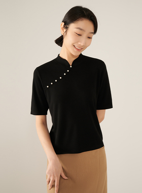 浅秋新国风新中式上衣女高端针织短袖旗袍小立领T恤新款4T40523