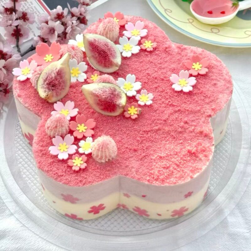 粉系樱花无花果干蛋糕装饰摆件 少女心花朵甜品生日烘焙插件配件