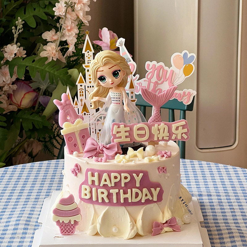 网红艾莎公主生日蛋糕装饰摆件爱莎女孩冰雪女王城堡雪花烘焙插件