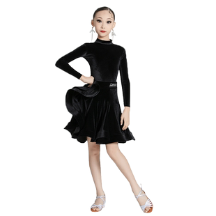 儿童拉丁舞服女童少儿拉丁舞蹈裙秋冬长袖专业练功服丝绒分体套装
