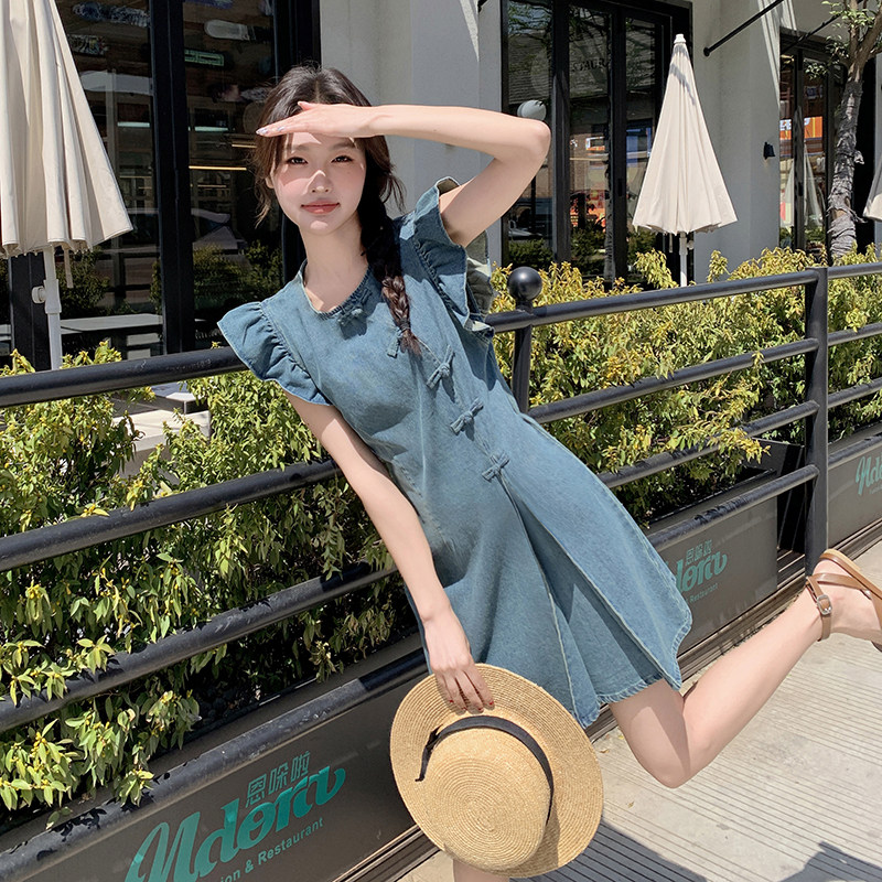 2025时尚新款女士连衣裙夏国风盘扣气质牛仔连衣裙女式裙子送女友