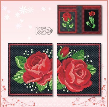 纯手工十字绣钱包成品 KEC 女款 短款 玫瑰之约 红色玫瑰