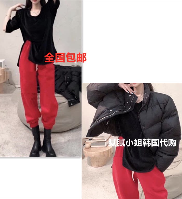 韩国东大门代购 金丝绒加厚开叉短袖T恤+红色抽绳束口休闲裤