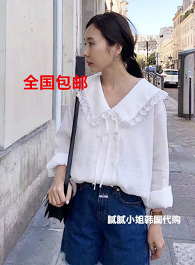 韩国东大门代购秋冬新款蕾丝荷叶边双排扣娃娃雪纺衫binus