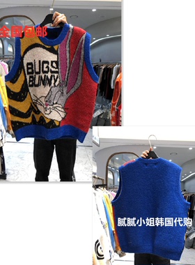 LATTE-P韩国东大门代购2025春季女装新拼色字母卡通圆领针织马甲