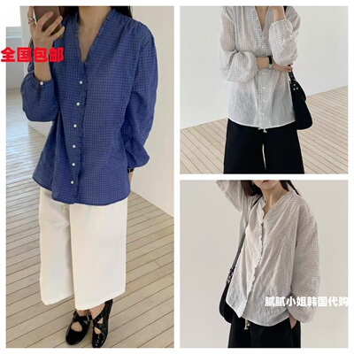 Arkie/TAF 韩国东大门代购春季新款木耳花边格子衬衫