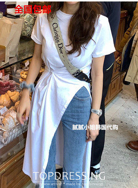 韩国东大门代购topdressing 纯色单侧边开叉系扣两穿连衣裙T