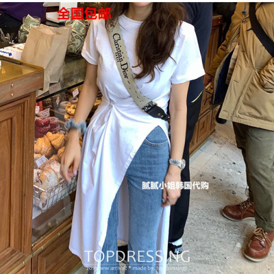 韩国东大门代购topdressing 纯色单侧边开叉系扣两穿连衣裙T