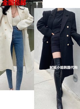 韩国东大门代购 气质魅力双排扣长款加厚夹棉毛呢大衣外套
