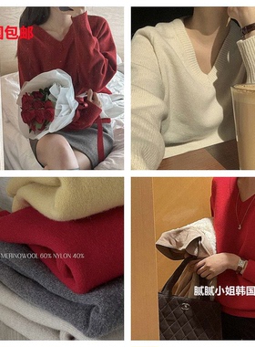 韩国 Ins121202 博主 秋冬 70美丽奴羊毛 V领复古 毛衣