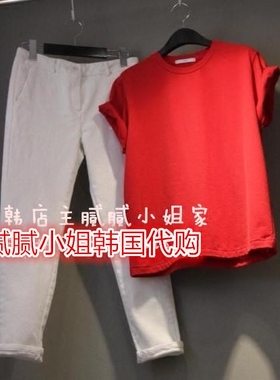 韩国东大门代购进口女装新款 UNTIE 圆领短袖纯色百搭T恤