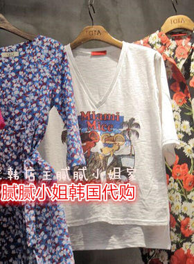 春夏 女装新款 韩国代购 TARA 前短后长卡通图案V领T恤