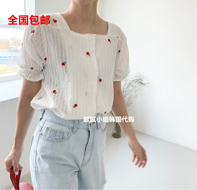 东大门代购韩国小方领刺绣衬衫