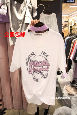 韩国东大门代购春新款挂脖V领短袖T恤 LAYERING