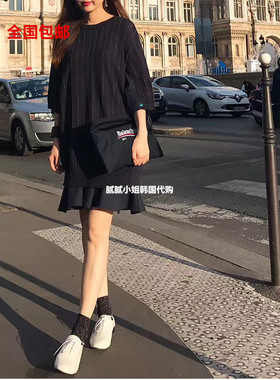 韩国东大门代购 binus新款竖纹插兜连衣裙