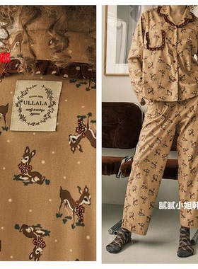 韩国 Ullala101202秋冬 1oo%法兰绒 复古小鹿款 撞色 睡衣