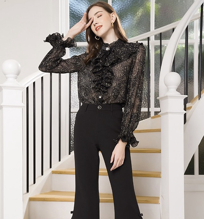 珈姿莱尔 新款秋冬 时尚波点百搭荷叶领气质长袖衬衣上衣ji3198