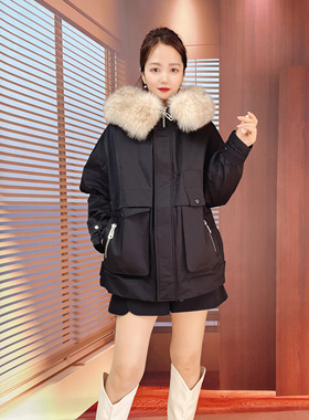 断码清仓 朗曼系列 时尚百搭休闲连帽大毛领派克羽绒服Y119