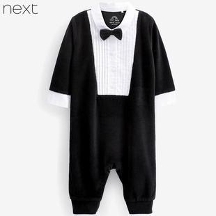 现货英国Next婴儿秋冬满月百天周岁宴礼服男宝宝天鹅绒黑色连体衣