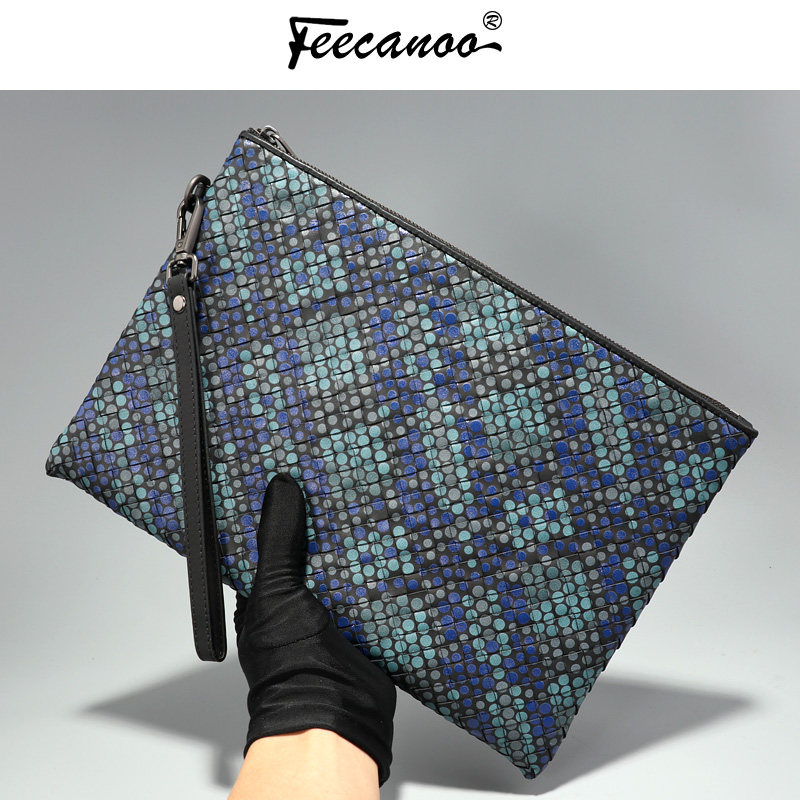 新款迷彩编织手包 潮流信封包男士休闲真皮手拿包青年手抓包男包