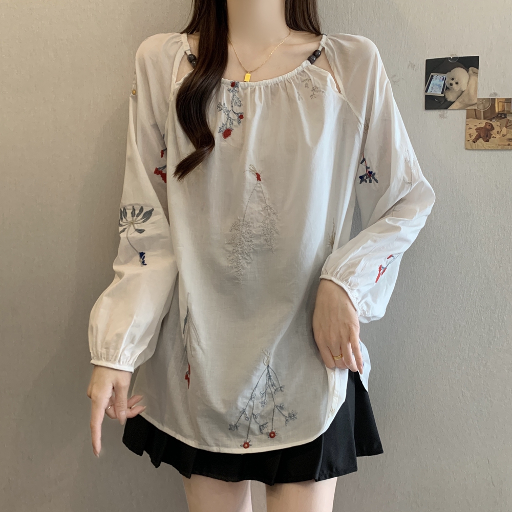 大码女装圆领长袖秋季宽松慵懒风松弛感重工刺绣高端苎麻衬衫上衣