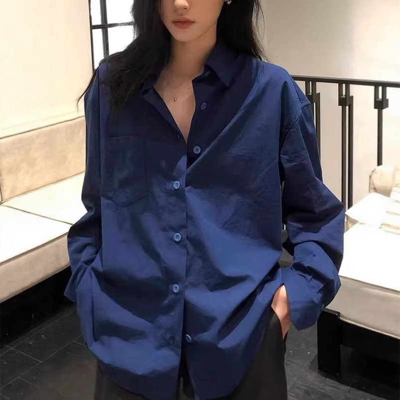 廓形筋骨感宝蓝色长袖衬衫外套女夏季宽松防晒高级感衬衣