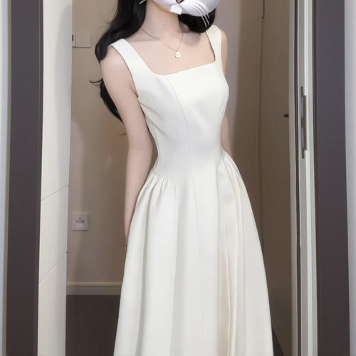 白色无袖长款女初夏季白月光早春漂亮修身收腰生日裙子吊带连衣裙