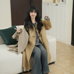 双面羊毛大衣牛角扣中长款 小个子毛呢外套 韩系显瘦百搭女装