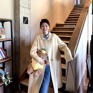 伊迪卡韩版手缝双面羊毛大衣女中长款连帽宽松百搭春秋冬外套冬季