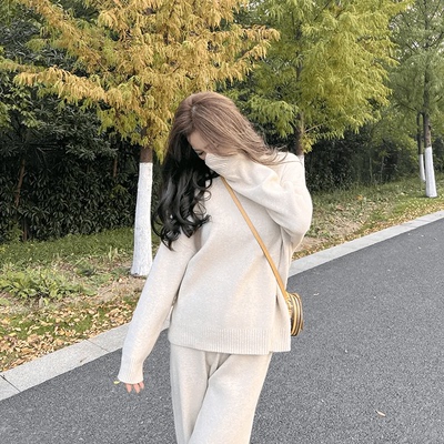 高领厚款高级感毛衣套装长袖显瘦针织休闲套装冬季保暖宽松