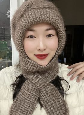 秋冬帽子围巾一体毛线帽子女士保暖针织帽纯手工编织风雪帽松鼠绒