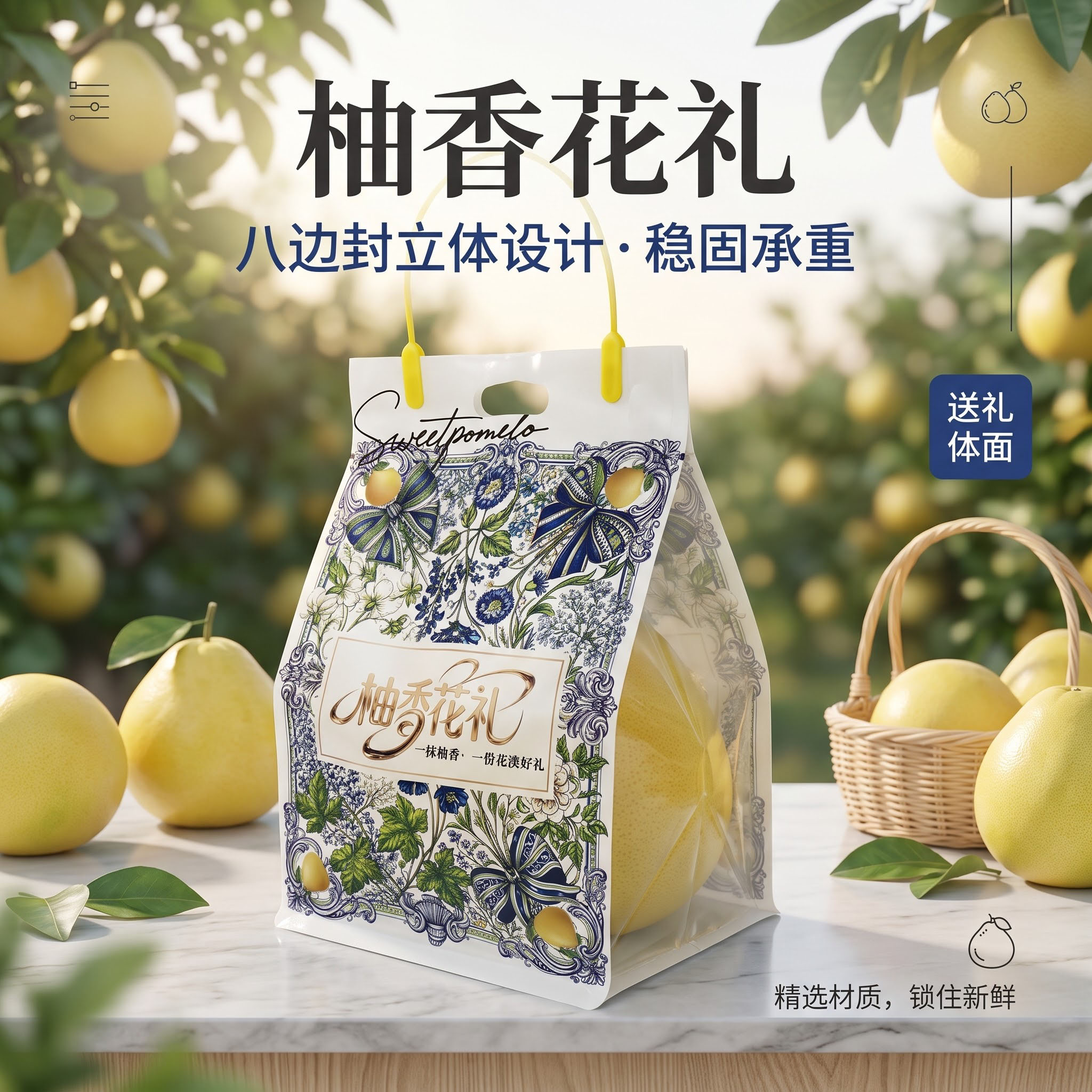 高档红柚透明八边封蜜柚子包装袋手提袋水果店定制封口礼品通用