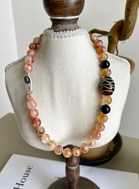 「吉运阁」藏式美学水纹天珠黄水晶幽灵异象水晶颈链925配件