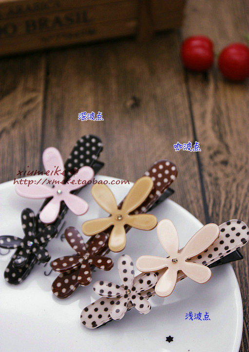 日韩双花朵带钻波点鸭嘴夹发夹边夹顶夹一字横夹子青蛙夹头饰发饰