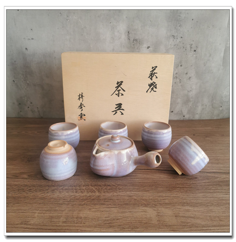 国内现货日本陶瓷萩烧 椿秀窑5客茶具共箱侧把急须汤吞箱日式套装