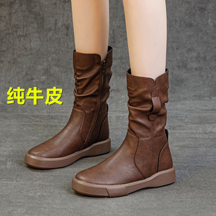 真皮女鞋~纯牛皮秋冬复古平底软底舒适防滑百搭短靴中筒厚底骑士