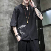 25A12B2夏季 中国风佛系短袖 民族风棉麻V领半袖 复古风刺绣T恤唐装